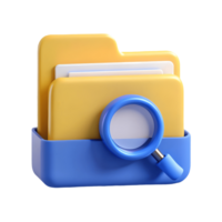 3D illustration of a yellow folder with documents and a blue magnifying glass symbolizing search or file management on a transparent background png