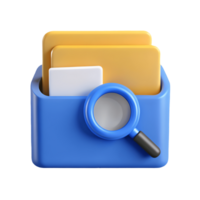 3D illustration of a blue folder with yellow and white documents featuring a magnifying glass for search functionality on a transparent background png