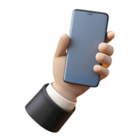 3D rendered hand in a business suit holding a modern smartphone with a blank screen on a transparent background png