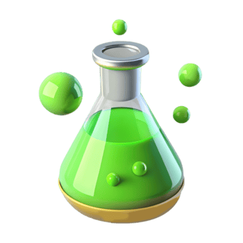 Green liquid in a conical flask with floating spheres 3D render on a transparent background png