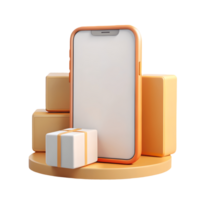 Modern smartphone mockup with gift box and packages on a round platform ideal for showcasing app designs or digital products on a transparent background png