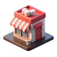 Charming 3D rendered miniature storefront with a red and white striped awning perfect for illustrating small businesses or shops in digital designs on a transparent background png