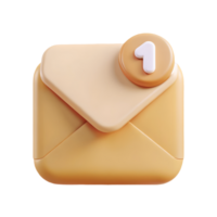 3D rendered envelope icon with a new message indicator on a transparent background png