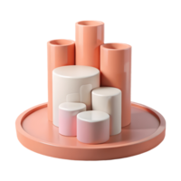 Modern minimalist cylindrical vases in soft pink and white arranged on a matching circular tray perfect for contemporary interior design on a transparent background png