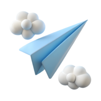 3D Rendered Blue Paper Airplane with White Clouds on a Transparent Background png