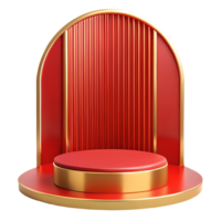Red and gold podium with a sleek modern design featuring a round base and a vertical striped backdrop perfect for product displays on a transparent background png