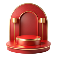 Elegant red and gold podium with arch backdrop and cylindrical lights perfect for product displays on a transparent background png