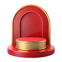 Red and gold luxury podium with a circular stage and arched backdrop perfect for product displays on a transparent background png