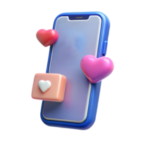 3D rendering of a modern smartphone with vibrant heart icons symbolizing love and social media engagement on a transparent background png