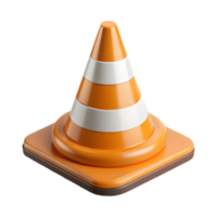 3D rendered orange and white striped traffic cone on a square base isolated on a transparent background png