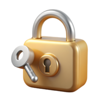 Golden padlock with a silver key inserted symbolizing security and access control on a transparent background png