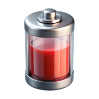 A sleek metallic battery icon with a red indicator level symbolizing power and energy on a transparent background png