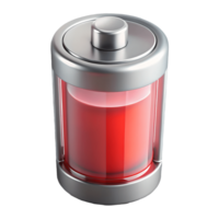 A modern sleek battery icon with a red indicator level signifying low power rendered in high detail on a transparent background png