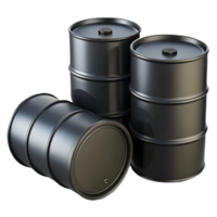 Three shiny black metal barrels one lying down and two standing on a transparent background png