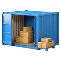Blue shipping container with cardboard boxes inside and outside on a transparent background png