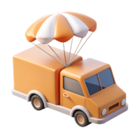 Cute 3D orange delivery truck with a parachute on top perfect for logistics and shipping concepts on a transparent background png