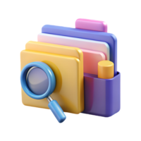 colorida 3d pastas com uma azul ampliação vidro simbolizando procurar e organização em uma transparente fundo png