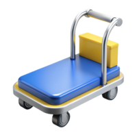 Blue and yellow luggage cart with a metallic handle perfect for airport or hotel use on a transparent background png