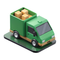 Cute stylized green delivery truck with orange boxes in the back perfect for logistics and shipping concepts on a transparent background png