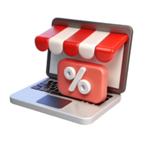 3D laptop with a red and white striped awning and a percentage sign symbolizing online discounts and sales on a transparent background png