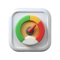 3D-rendered speedometer icon with a red needle pointing towards the green section symbolizing performance or rating on a transparent background png
