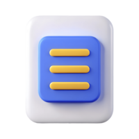 3D-rendered menu icon with yellow lines on a blue square set on a transparent background png