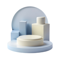 Minimalist 3D geometric shapes in soft blue and cream arranged on a circular platform ideal for product display on a transparent background png