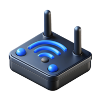 3D rendering of a modern sleek Wi-Fi router with blue lights and antennas on a transparent background png