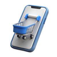 3D rendering of a modern smartphone with a blue shopping cart emerging from the screen symbolizing online shopping on a transparent background png