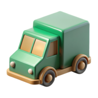 Charming 3D-rendered green toy truck with brown wheels and yellow windows perfect for childrens play or design elements on a transparent background png
