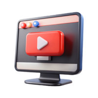 3D computer monitor with a red play button on screen symbolizing streaming or online media on a transparent background png