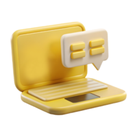 3D rendered yellow laptop with a speech bubble and message icon symbolizing online communication and chat functionality on a transparent background png
