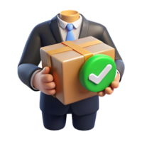 3D businessman holding a cardboard box with a green checkmark symbolizing approved or successful delivery on a transparent background png