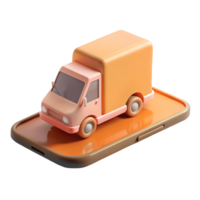 Cute 3D delivery truck on a smartphone symbolizing online shopping and mobile delivery services on a transparent background png