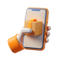 3D hand holding a smartphone with a gift box on screen symbolizing online shopping and digital gifting on a transparent background png