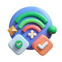 3D Rendered Wi-Fi Network Icon with Checkmarks, Sphere, and Pyramid on Blue Platform for Connectivity and Validation Transparent Background png