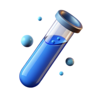 3D Science Test Tube with Blue Liquid and Floating Spheres, Laboratory Experiment, Chemical Research, Scientific Visualization. Transparent Background png