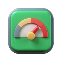 3D Speedometer Icon with Gray Frame, Green Background, and Red Needle indicating performance, efficiency, and progress. Transparent Background png