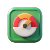 3D Performance Gauge Icon on Green Square, Indicator Needle, Speedometer Graphic, Achievement Tracking, App Design Element Transparent Background png