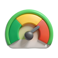 3D Rendering of Performance Meter with Green, Yellow, Red Zones and Needle Pointing to Red, Gauge Icon, Measurement Tool Transparent Background png