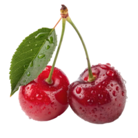 Fresh Red Cherries with Dewy Leaf Juicy, Ripe Fruit on, Close-up Food Photography Transparent Background png