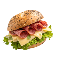 Delicious Sesame Bagel Sandwich with Salami, Cheese, and Lettuce on, Fresh Food, Culinary Delight, Close up, appetizing Transparent Background png