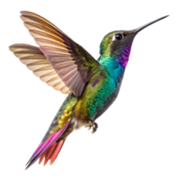 Iridescent Hummingbird in Flight Vibrant Plumage, Precision Beak, Natures Jewel, Detailed Wing Feathers, Dynamic Movement, Isolated on White, Perfect Symmetry Transparent Background png