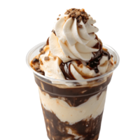 Decadent Chocolate Sundae Indulgence Creamy Vanilla Ice Cream, Rich Chocolate Sauce, Whipped Cream and Crunchy Crumble Topping Dessert in a Clear Cup on Transparent Background png