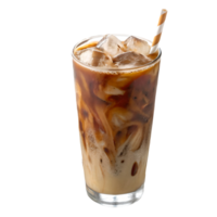 Iced Coffee Delight Refreshing Cold Brew with Cream Swirls and Striped Straw, Beverage Photography, Isolated on White Transparent Background png