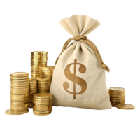Wealth and Abundance Gold Coins and Dollar Sign Sack, Investment Success, Financial Prosperity, Stack of Money, Income, isolated background Transparent Background png