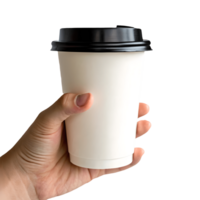 Hand Holding White Paper Coffee Cup with Black Lid Isolated Beverage, Hot Drink, Morning Routine Transparent Background png