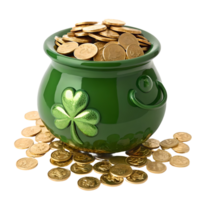 St Patricks Day Pot of Gold with Shamrock, Lucky Coins Overflowing, Celebration, Festive, Irish Tradition, Wealth Transparent Background png