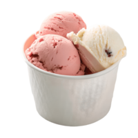 Three Scoops of Ice Cream in White Cup, Pink and White Flavors, Sweet Dessert Delight, Summer Treat Transparent Background png