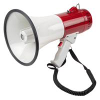 Red and White Megaphone Amplified Communication, Emergency Response, Public Speaking Tool Transparent Background png